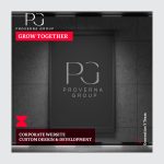 Proverna Group corporate branding displayed on modern building entrance with 'Grow Together' tagline and Generation Y corporate website development announcement