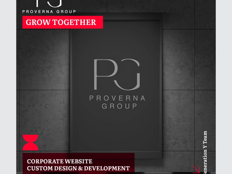 Proverna Group corporate branding displayed on modern building entrance with 'Grow Together' tagline and Generation Y corporate website development announcement