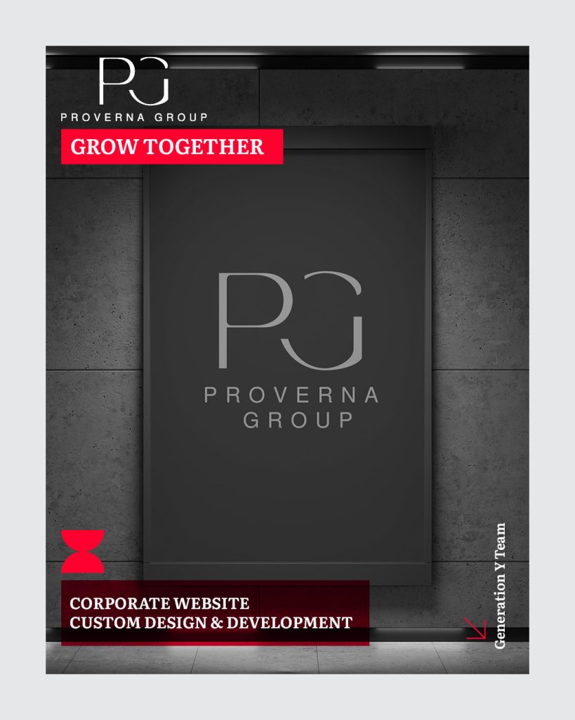 Proverna Group corporate branding displayed on modern building entrance with 'Grow Together' tagline and Generation Y corporate website development announcement