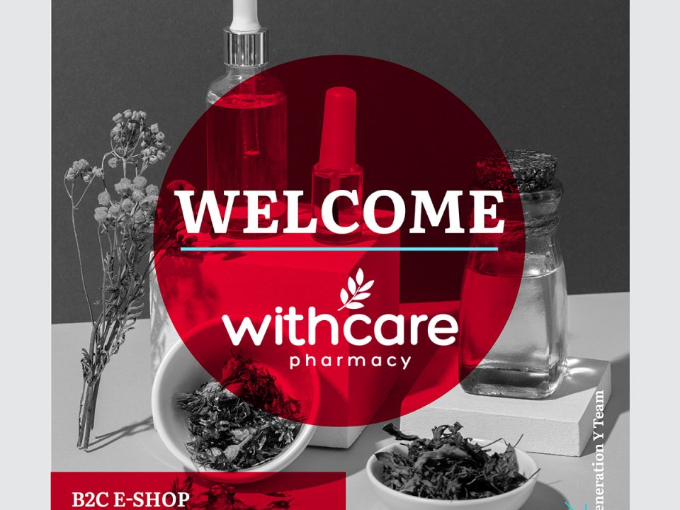 Welcome WithCare Pharmacy - B2C E-shop development by Generation Y team, featuring natural pharmacy products including herbal tinctures and dried herbs on minimalist background