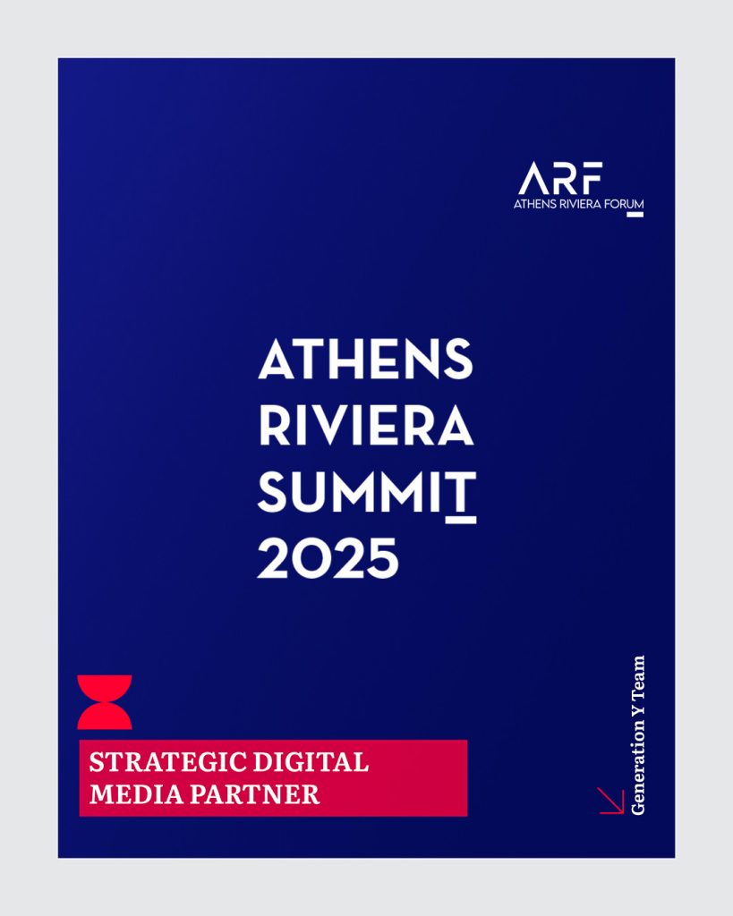Athens Riviera Summit 2025 promotional image featuring Generation Y as Strategic Digital Media Partners on a blue background with red accent elements