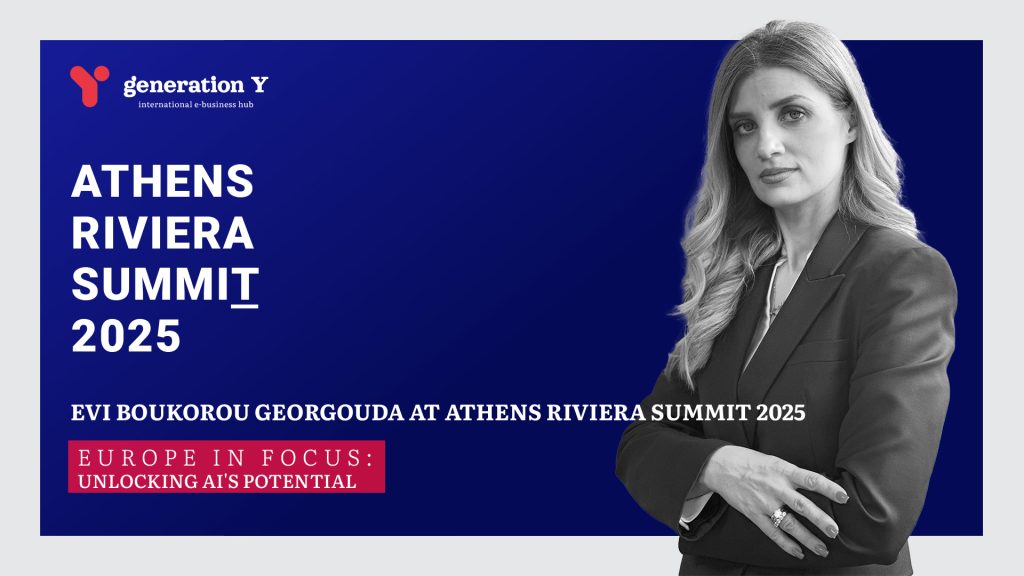 Professional portrait of Evi Boukorou Georgouda, CEO and Junior Partner of Generation Y, against blue background with Generation Y logo. Text reads: Athens Riviera Summit 2025 - Evi Boukorou Georgouda at Athens Riviera Summit 2025 - Unlocking AI's Potential: Europe in Focus