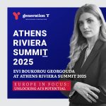 Professional portrait of Evi Boukorou Georgouda, CEO and Junior Partner of Generation Y, against blue background with Generation Y logo. Text reads: Athens Riviera Summit 2025 - Evi Boukorou Georgouda at Athens Riviera Summit 2025 - Unlocking AI's Potential: Europe in Focus