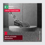 Husqvarna lawn mower displayed on concrete pedestal with grass foreground, featuring Pantelis Papadopoulos logo and 'Grow Together - B2B Platform Redesign' text by Generation Y team
