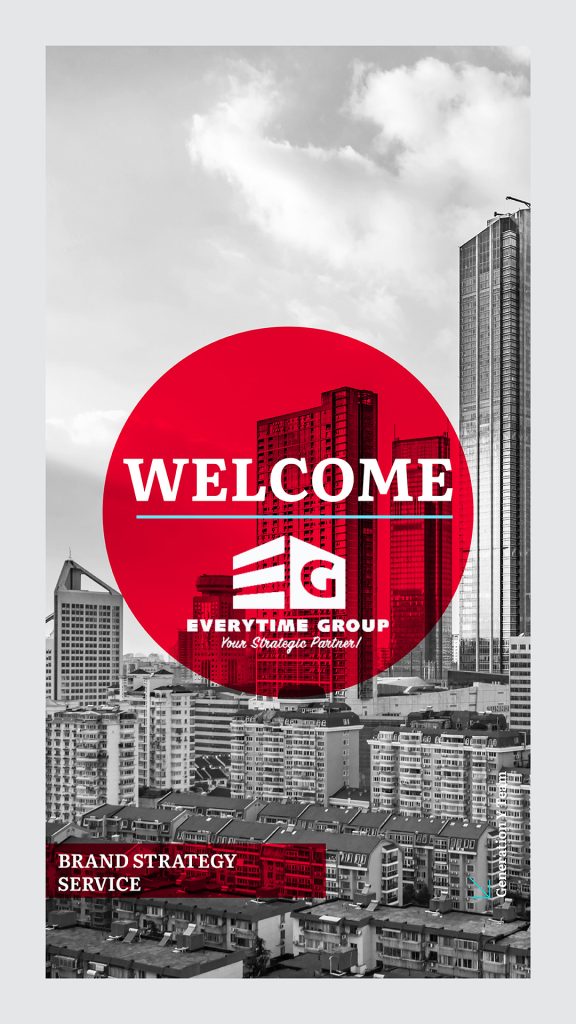 Welcome announcement graphic for Everytime Group partnership with Generation Y. Black and white cityscape of modern high-rise buildings with prominent red circular overlay containing Everytime Group logo and tagline 'Your Strategic Partner.' Text at bottom reads 'Brand Strategy Service' indicating the nature of the collaboration.