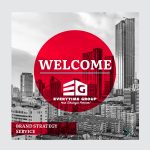 Welcome announcement graphic for Everytime Group partnership with Generation Y. Black and white cityscape of modern high-rise buildings with prominent red circular overlay containing Everytime Group logo and tagline 'Your Strategic Partner.' Text at bottom reads 'Brand Strategy Service' indicating the nature of the collaboration.