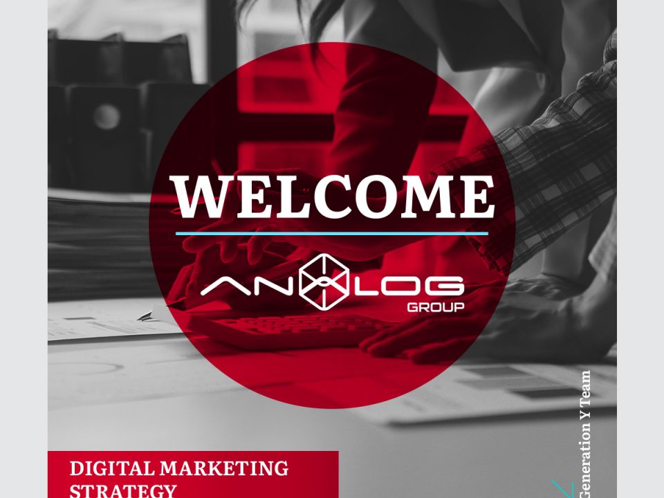 Welcome Analog Group - Digital Marketing Strategy partnership with Generation Y Team, featuring professional workspace background with red circular branding element and Analog Group logo