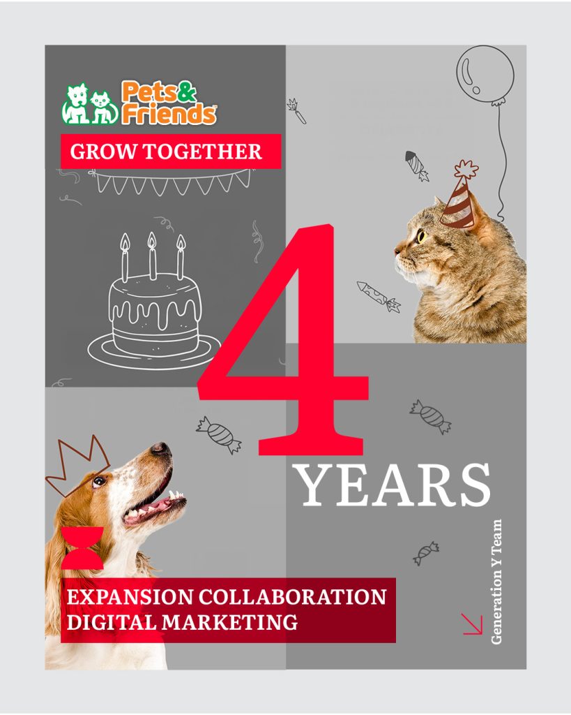 Pets & Friends and Generation Y celebrating 4 years of partnership in digital marketing collaboration. Festive design with dog and cat in party hats.