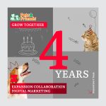 Pets & Friends and Generation Y celebrating 4 years of partnership in digital marketing collaboration. Festive design with dog and cat in party hats.