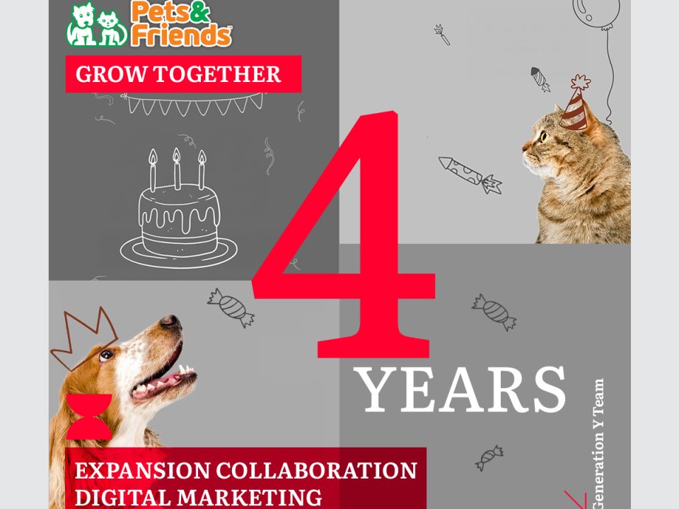 Pets & Friends and Generation Y celebrating 4 years of partnership in digital marketing collaboration. Festive design with dog and cat in party hats.
