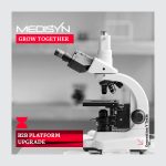 Medisyn 'Grow Together' B2B Platform Upgrade by Generation Y Team - professional laboratory microscope in black and white with red branding elements and hourglass icon