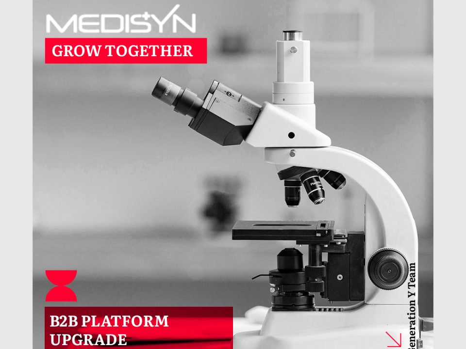 Medisyn 'Grow Together' B2B Platform Upgrade by Generation Y Team - professional laboratory microscope in black and white with red branding elements and hourglass icon