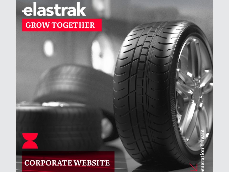 Elastrak 'Grow Together' corporate website development by Generation Y Team - professional automotive tire image with red branding elements and hourglass icon