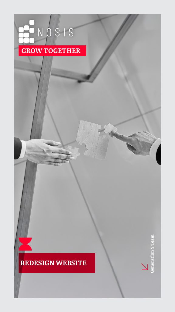 Black and white image of two hands in business attire connecting puzzle pieces together, representing the collaborative partnership between Nosis business consulting and Generation Y for website redesign, with red 'Grow Together' and 'Redesign Website' text overlays