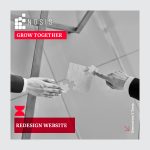 Black and white image of two hands in business attire connecting puzzle pieces together, representing the collaborative partnership between Nosis business consulting and Generation Y for website redesign, with red 'Grow Together' and 'Redesign Website' text overlays