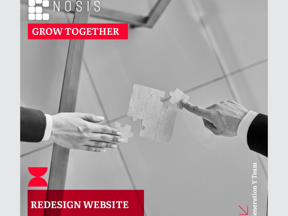 Black and white image of two hands in business attire connecting puzzle pieces together, representing the collaborative partnership between Nosis business consulting and Generation Y for website redesign, with red 'Grow Together' and 'Redesign Website' text overlays