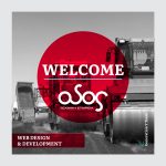 Welcome announcement graphic for Οδός (Odos) Τεχνική Εταιρεία featuring their white logo on a prominent red circular overlay. The background shows construction trucks and road-building equipment in black and white, representing infrastructure work. A maroon banner in the bottom left displays 'Web Design & Development' in white text. The Generation Y Team branding appears vertically along the right edge.