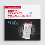 Generation Y promotional banner for iLink Innovative Business Solutions collaboration. Bold white text reads "DIGITAL STRATEGY VISUAL IDENTITY for I-Link" on a dark background. Top left features a red banner with "Ai powered. Business Driven." in white text. The iLink logo with blue circular icon and "innovative business solutions" tagline appears at bottom left. Right side displays a smartphone showing a fleet management map application with location pins across Greece, set against a dark technical circular pattern. A cyan quarter-circle accent element sits in the upper center. "Generation Y Team" appears vertically along the right edge with the GY arrow icon.