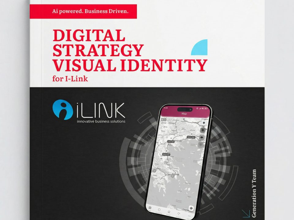 Generation Y promotional banner for iLink Innovative Business Solutions collaboration. Bold white text reads "DIGITAL STRATEGY VISUAL IDENTITY for I-Link" on a dark background. Top left features a red banner with "Ai powered. Business Driven." in white text. The iLink logo with blue circular icon and "innovative business solutions" tagline appears at bottom left. Right side displays a smartphone showing a fleet management map application with location pins across Greece, set against a dark technical circular pattern. A cyan quarter-circle accent element sits in the upper center. "Generation Y Team" appears vertically along the right edge with the GY arrow icon.