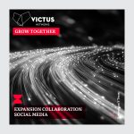 Social media announcement for the expanded collaboration between Victus Networks and Generation Y. Black-and-white background featuring illuminated fiber optic cables. The Victus Networks logo appears top left with a red "Grow Together" banner. Bottom left displays a dark red banner reading "Expansion Collaboration Social Media" alongside the Generation Y hourglass icon and Generation Y Team credit on the right.
