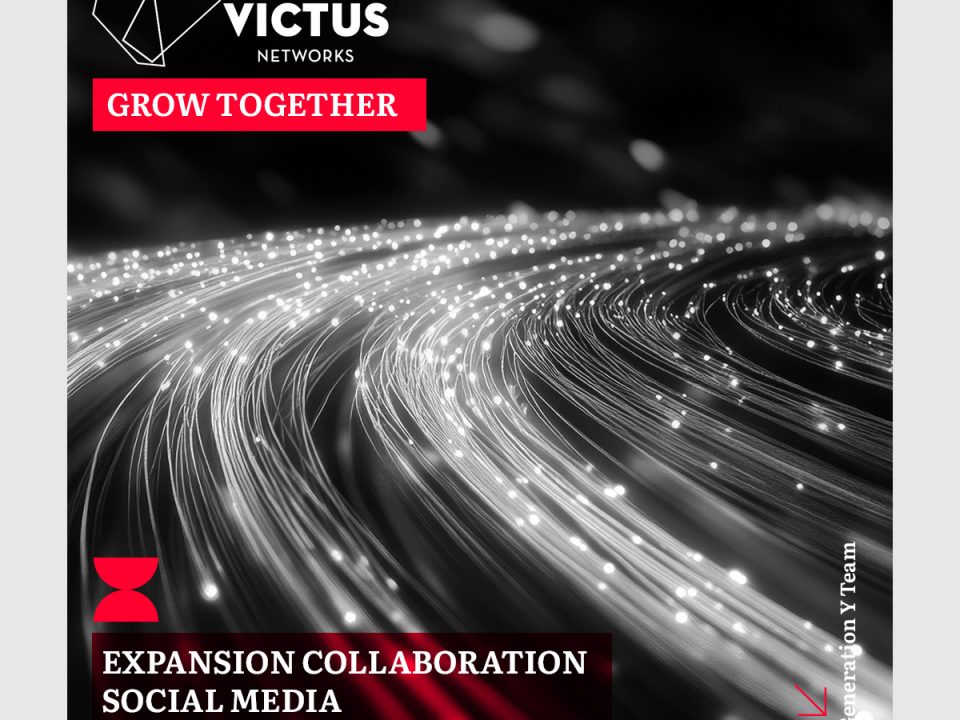 Social media announcement for the expanded collaboration between Victus Networks and Generation Y. Black-and-white background featuring illuminated fiber optic cables. The Victus Networks logo appears top left with a red "Grow Together" banner. Bottom left displays a dark red banner reading "Expansion Collaboration Social Media" alongside the Generation Y hourglass icon and Generation Y Team credit on the right.