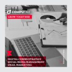 Generation Y Grow Together post for CompuTax. Black-and-white photograph of a laptop keyboard and clipboard with financial charts and graphs. The CompuTax logo appears in white at the top left, with a red "Grow Together" banner below it. A red banner at the bottom lists the services: Digital Comms Strategy, Social Media Management, Email Marketing. The GY arrow icon and "Generation Y Team" vertical text appear on the right side.