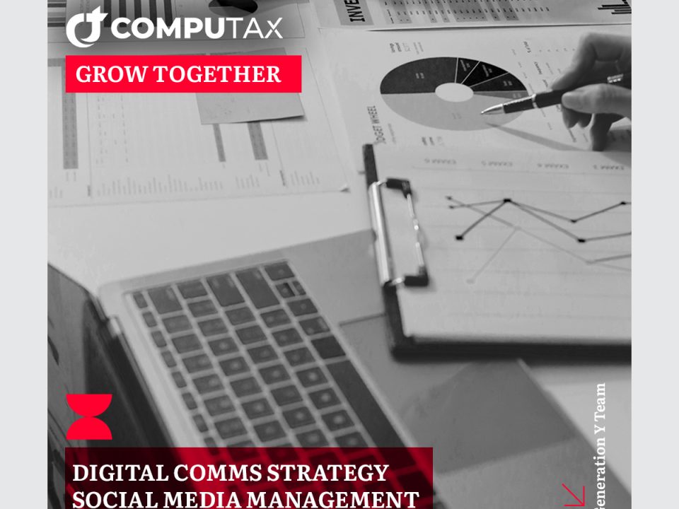 Generation Y Grow Together post for CompuTax. Black-and-white photograph of a laptop keyboard and clipboard with financial charts and graphs. The CompuTax logo appears in white at the top left, with a red "Grow Together" banner below it. A red banner at the bottom lists the services: Digital Comms Strategy, Social Media Management, Email Marketing. The GY arrow icon and "Generation Y Team" vertical text appear on the right side.