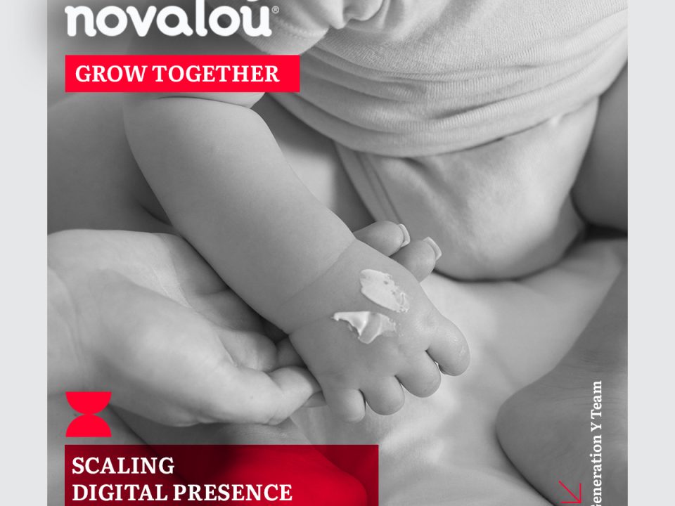 Black-and-white photograph of an adult hand gently holding a baby's foot with a small amount of cream applied to the skin. The Novalou logo with its leaf icon appears in the upper left area. A red banner reads "GROW TOGETHER" below the logo. In the lower left corner, a red GY hourglass icon sits above a red banner with bold white text reading "SCALING DIGITAL PRESENCE GLOBALLY." The vertical text "Generation Y Team" runs along the right edge, and a small GY arrow icon is positioned nearby. The composition is framed by a light gray border.