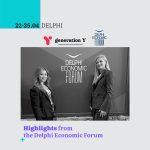 Generation Y social media template promoting the agency's participation in the Delphi Economic Forum 2026. The composition features a light gray frame with a cyan accent block in the top left corner. The date "22-25.04 DELPHI" appears at the top in bold typography. Below it, the Generation Y logo (red GY icon with "generation Y, international e-business hub" text) sits alongside the Delphi Economic Forum logo. The center features a black-and-white photograph of two women standing in front of the Delphi Economic Forum signage: Martha Giannakopoulou on the left and Evi Boukorou-Georgouda on the right, both wearing dark business suits. At the bottom, the title "Highlights from the Delphi Economic Forum" appears in bold purple typography, accompanied by a small cyan plus sign accent.