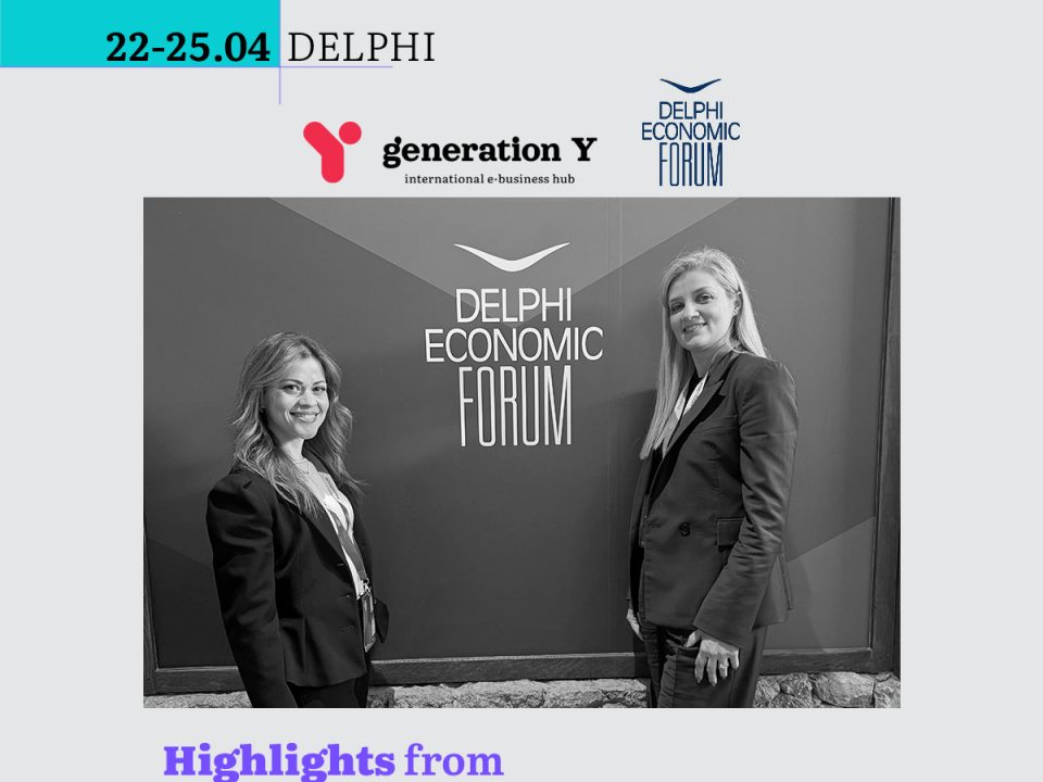 Generation Y social media template promoting the agency's participation in the Delphi Economic Forum 2026. The composition features a light gray frame with a cyan accent block in the top left corner. The date "22-25.04 DELPHI" appears at the top in bold typography. Below it, the Generation Y logo (red GY icon with "generation Y, international e-business hub" text) sits alongside the Delphi Economic Forum logo. The center features a black-and-white photograph of two women standing in front of the Delphi Economic Forum signage: Martha Giannakopoulou on the left and Evi Boukorou-Georgouda on the right, both wearing dark business suits. At the bottom, the title "Highlights from the Delphi Economic Forum" appears in bold purple typography, accompanied by a small cyan plus sign accent.