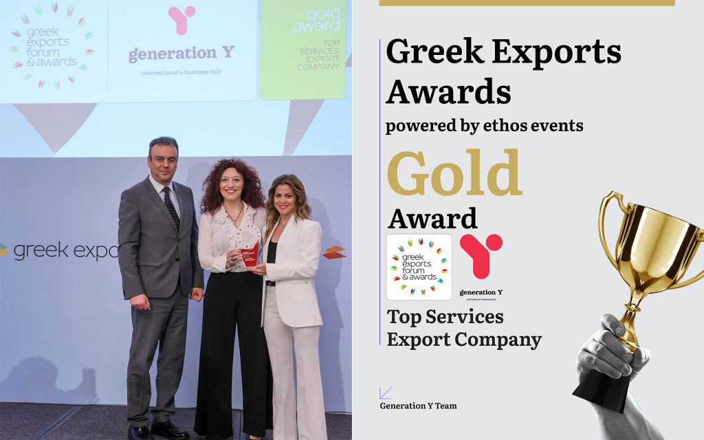 Two-panel social media graphic celebrating Generation Y's Gold Award at the Greek Exports Forum & Awards 2026. The left panel shows a color photograph of three people on the awards stage: a man in a gray suit and two women from the Generation Y team, one in a white blouse and black trousers holding the Gold Award trophy, and one in a white suit. Behind them, a presentation screen displays the "generation Y — international e-business hub" logo. The right panel is a light gray branded layout with the Greek Exports Forum & Awards logo and the Generation Y logo at the top, separated by a vertical divider. Below, bold typography reads "Greek Exports Awards, powered by ethos events," the word "Gold" in large gold lettering, "Award" beneath it, and the category title "Top Services Export Company." A black-and-white image of a hand raising a golden trophy appears on the right edge, with gold horizontal accent bars at the top and bottom. The "Generation Y Team" label and GY arrow icon appear in the lower left corner.