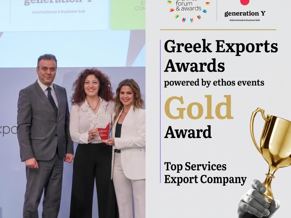 Two-panel social media graphic celebrating Generation Y's Gold Award at the Greek Exports Forum & Awards 2026. The left panel shows a color photograph of three people on the awards stage: a man in a gray suit and two women from the Generation Y team, one in a white blouse and black trousers holding the Gold Award trophy, and one in a white suit. Behind them, a presentation screen displays the "generation Y — international e-business hub" logo. The right panel is a light gray branded layout with the Greek Exports Forum & Awards logo and the Generation Y logo at the top, separated by a vertical divider. Below, bold typography reads "Greek Exports Awards, powered by ethos events," the word "Gold" in large gold lettering, "Award" beneath it, and the category title "Top Services Export Company." A black-and-white image of a hand raising a golden trophy appears on the right edge, with gold horizontal accent bars at the top and bottom. The "Generation Y Team" label and GY arrow icon appear in the lower left corner.