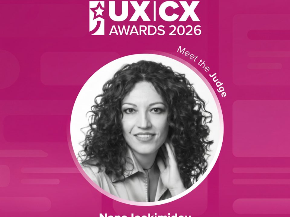 Promotional graphic for the UX | CX Awards 2026, presented by Boussias Events. Set against a magenta background with subtle geometric shapes, the white awards logo and "UX | CX AWARDS 2026" title appear at the top. A black-and-white circular portrait shows Nana Ioakimidou smiling, with curly hair, one hand resting near her neck. A curved "Meet the Judge" label arcs along the top right of the portrait. Below, white bold text reads "Nana Ioakimidou" with "Generation Y" underneath in lighter pink.