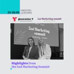 Generation Y social media post titled "Highlights from the 2nd Marketing Summit." A teal block and the date "25-26.05 Grecotel La Riviera" sit at the top, with the Generation Y and 2nd Marketing Summit logos below. A black-and-white photo shows two women seated side by side in front of a presentation screen reading "2nd Marketing summit @ Grecotel La Riviera."