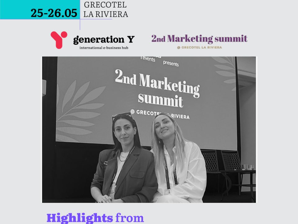 Generation Y social media post titled "Highlights from the 2nd Marketing Summit." A teal block and the date "25-26.05 Grecotel La Riviera" sit at the top, with the Generation Y and 2nd Marketing Summit logos below. A black-and-white photo shows two women seated side by side in front of a presentation screen reading "2nd Marketing summit @ Grecotel La Riviera."