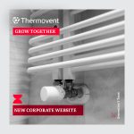 Generation Y "Grow Together" social media post for Thermovent. The design follows the GY Grow Together template with a black-and-white photograph of a curved towel radiator with a thermostatic valve as the central visual element. The Thermovent logo appears in white at the top left, followed by a red banner with "GROW TOGETHER" in white text. At the bottom, a red banner reads "NEW CORPORATE WEBSITE" in white uppercase letters. The GY branding elements are present: the red double-chevron icon at the bottom left, "Generation Y Team" vertical text along the right edge, and the GY arrow icon in the bottom right corner. The composition is framed by a light gray border.