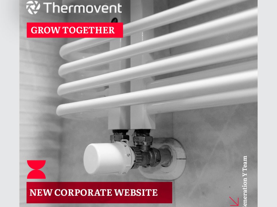 Generation Y "Grow Together" social media post for Thermovent. The design follows the GY Grow Together template with a black-and-white photograph of a curved towel radiator with a thermostatic valve as the central visual element. The Thermovent logo appears in white at the top left, followed by a red banner with "GROW TOGETHER" in white text. At the bottom, a red banner reads "NEW CORPORATE WEBSITE" in white uppercase letters. The GY branding elements are present: the red double-chevron icon at the bottom left, "Generation Y Team" vertical text along the right edge, and the GY arrow icon in the bottom right corner. The composition is framed by a light gray border.