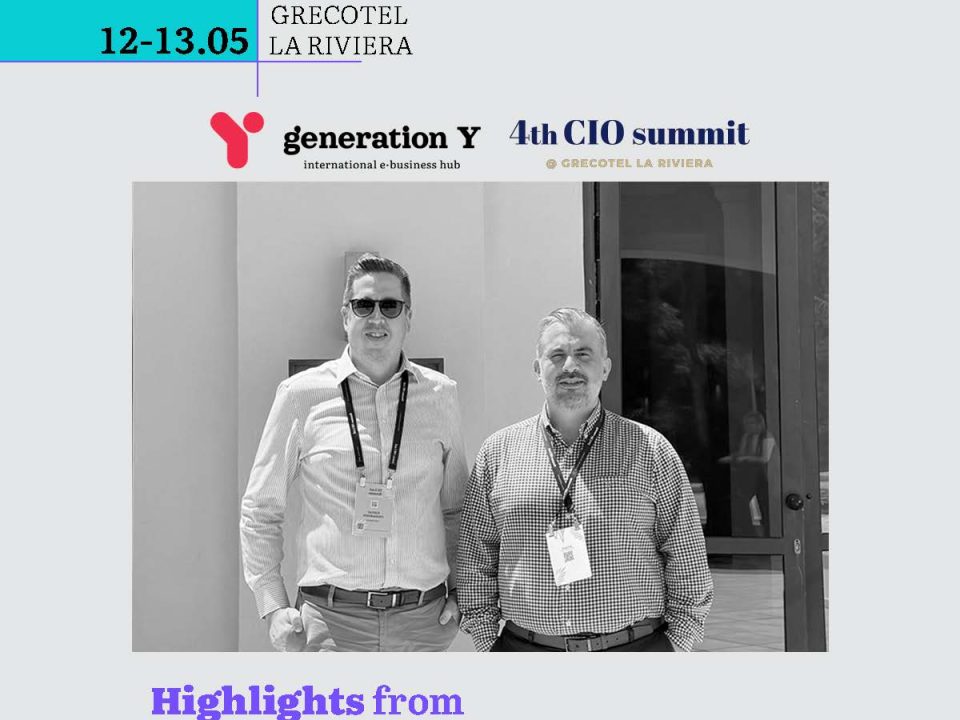 social media graphic on a light gray background. A cyan block in the top-left corner holds the date and venue in black text: "GRECOTEL 12-13.05 LA RIVIERA." Across the top sit the Generation Y logo, with its red Y arrow icon and "generation Y international e-business hub" wordmark, alongside "4th CIO summit @ Grecotel La Riviera" in purple. At the center, a black-and-white photo shows two men standing side by side outdoors at the venue, both wearing event lanyards, one in a striped shirt and sunglasses, the other in a checked shirt. Below the photo, the purple headline reads "Highlights from the 4th CIO Summit," accented by a cyan plus sign and a thin purple chevron in the left margin.